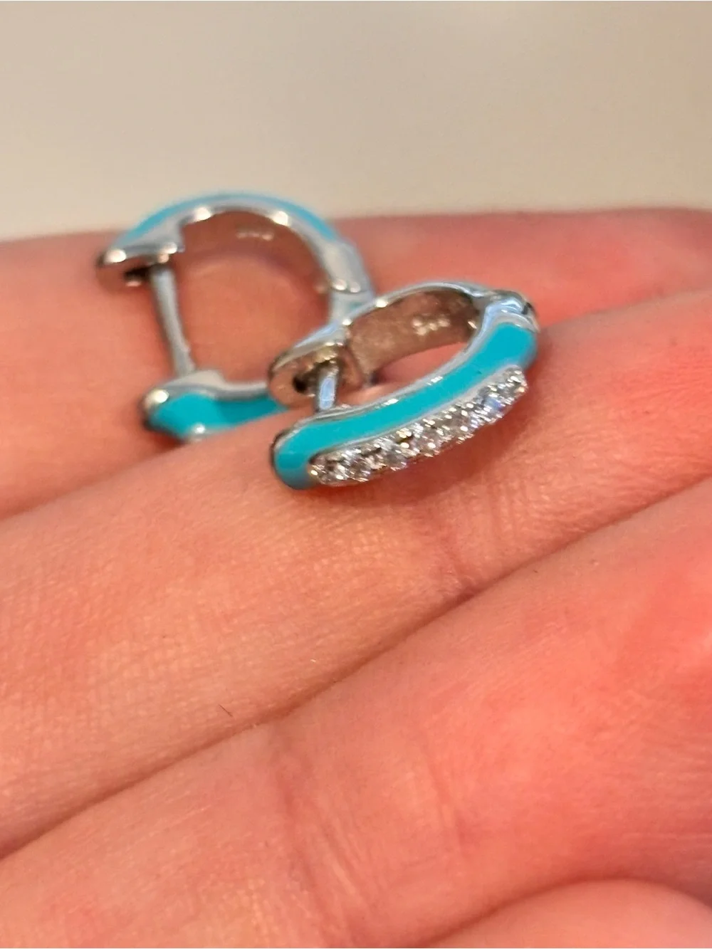 925 Sterling Silver Turquoise Enamel Huggie Hoop Earrings with Crystal Accents
